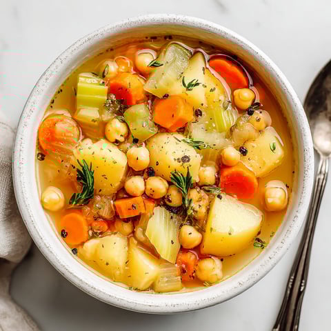 A bowl of soup with carrots, chickpeas, and potatoes.