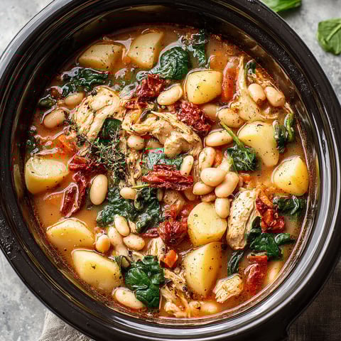 A bowl of Tuscan Crockpot Chicken and White Bean Stew.