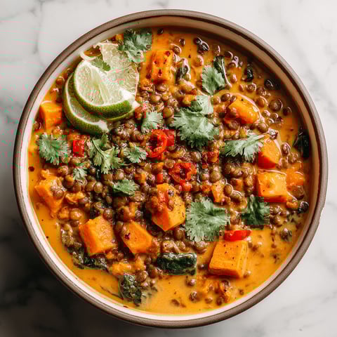 A bowl of soup with lentils, vegetables, and spices.