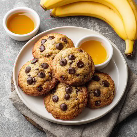 A plate of chocolate chip cookies with bananas in the background.