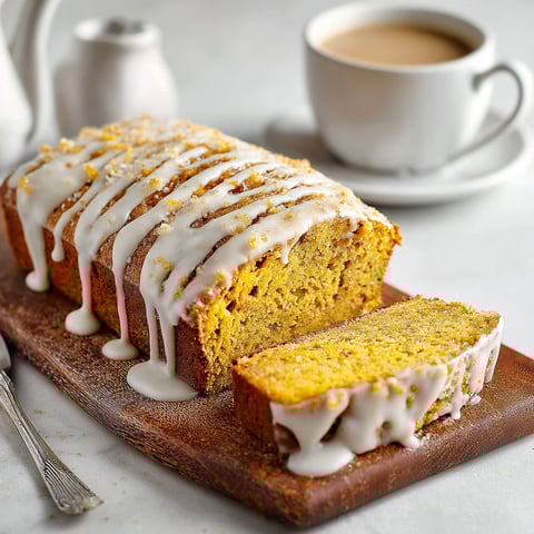 A slice of pumpkin bread with vanilla glaze.