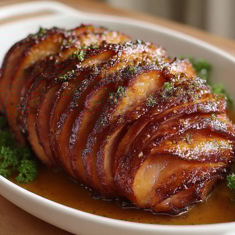 A brown sugar glazed spiral ham.
