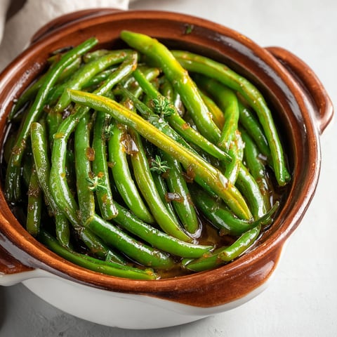 A bowl of green beans in a brown sauce.