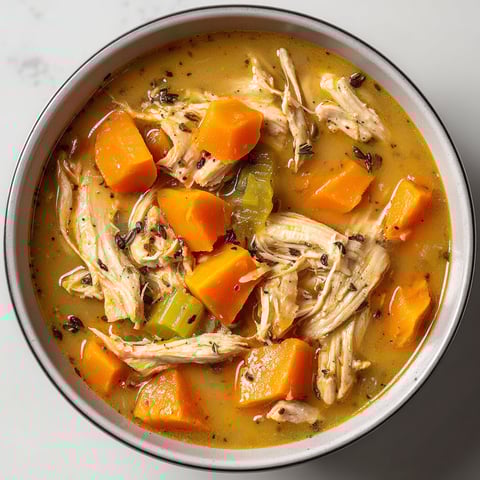 A bowl of soup with chicken and sweet potatoes.