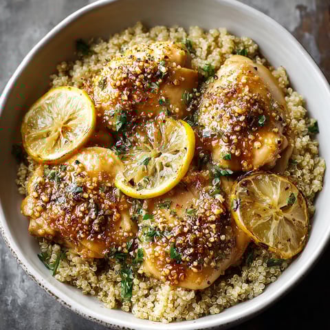 A bowl of chicken with lemon and herbs.