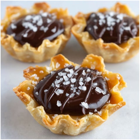 Three mini chocolate ganache tarts on a white surface.