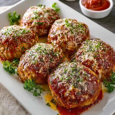 A plate of meatballs with cheese and herbs on top.