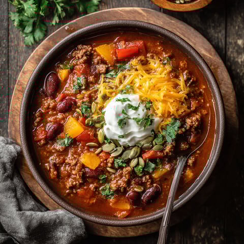 A bowl of chili with a spoon in it.