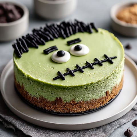 A green Frankenstein cake with black eyes and a black mouth.