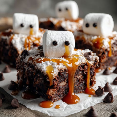 A close up of a ghostly caramel marshmallow brownie.