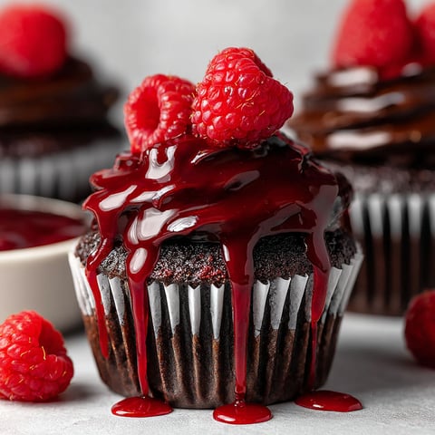 A chocolate cupcake with raspberries and chocolate sauce drizzled on top.