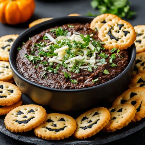 A bowl of black bean dip with a spoon and a plate of Halloween cookies.
