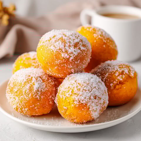 A plate of pumpkin donuts with powdered sugar.