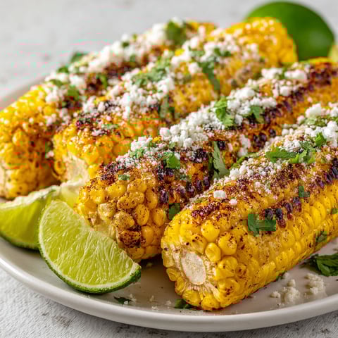 A plate of corn with cheese and lime.