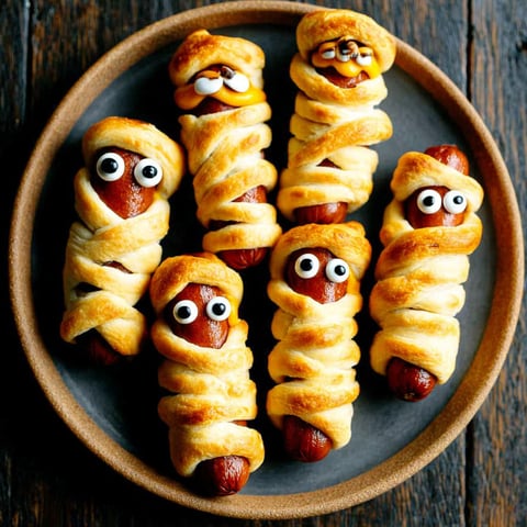 Mummy hot dogs on a plate.