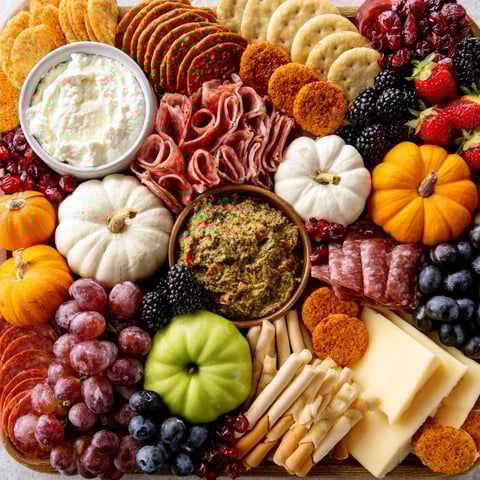 A variety of foods on a wooden tray, including cheese, crackers, fruit, and meat.