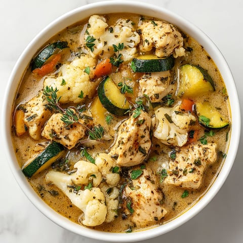 A bowl of chicken and cauliflower stew.