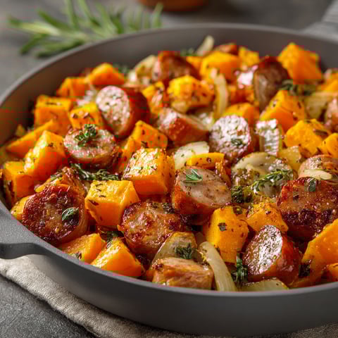 A skillet with chicken sausage and sweet potatoes.