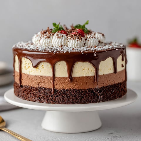 A triple chocolate mousse cake on a white plate.