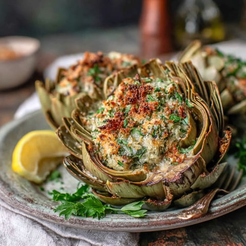 A plate of stuffed artichokes with a lemon wedge on the side.