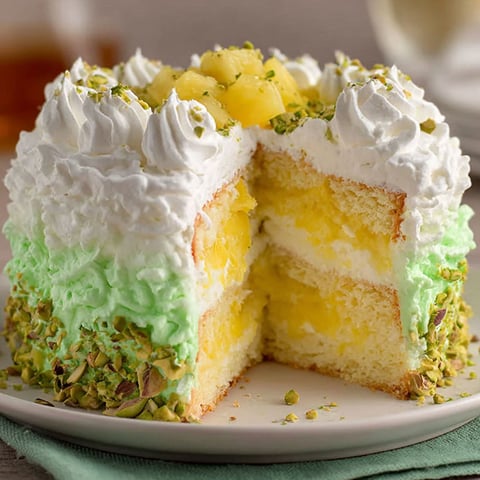 A slice of tropical pistachio cake on a plate.