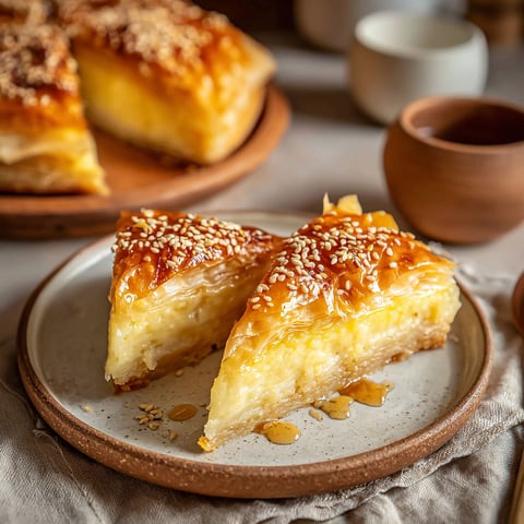 A slice of golden Greek honey pie.