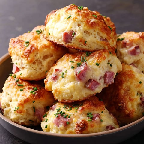 A stack of biscuits with ham and cheese.
