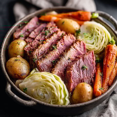 A crockpot filled with corned beef and cabbage.