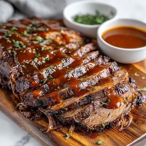 A large piece of slow cooked BBQ beef brisket.