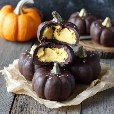 Chocolate peanut butter pumpkins on a table.