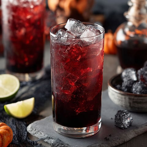 A glass of red liquid with ice and a lime wedge.