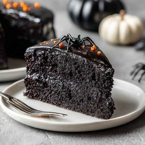 A slice of black velvet cake with orange decorations.