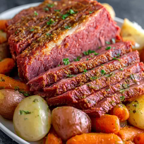 A plate of corned beef and potatoes.