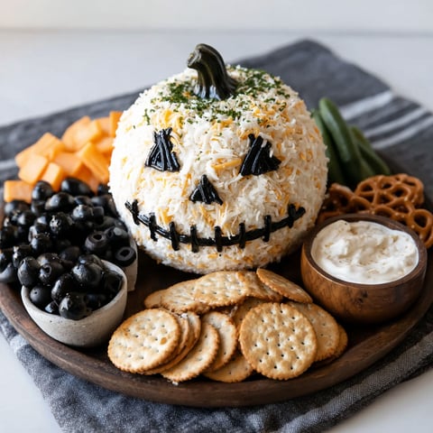 A Halloween themed cheese ball with a face made of rice and cheese.