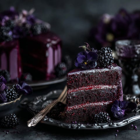 A slice of blackberry velvet gothic cake.