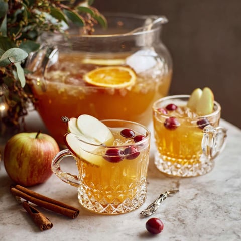 A pitcher of cider and two glasses of cider with fruit garnishes.