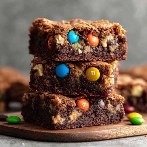 A stack of Monster Cookie Fudgy Brownies.