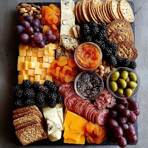 A Halloween charcuterie board with various foods.