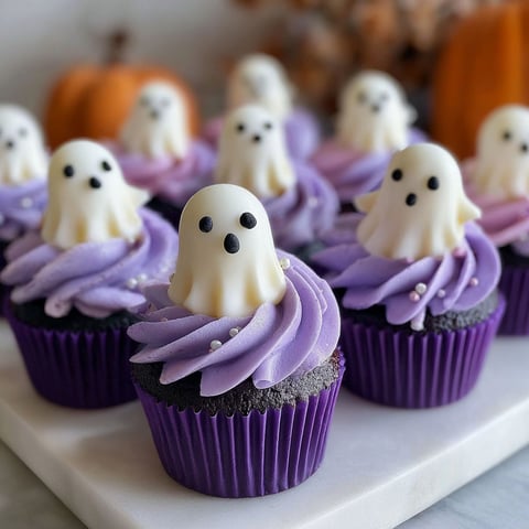 A display of Halloween Ghost Cupcakes.