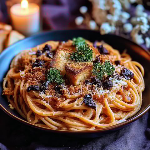 A bowl of spaghetti with bread crumbs and herbs on top.