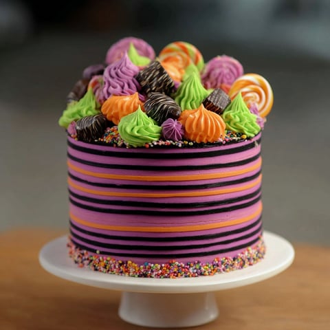 A striped Halloween candy cake.