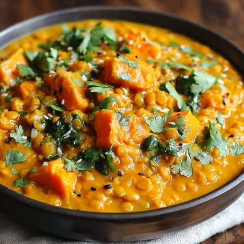 A bowl of red lentil curry with sweet potatoes.