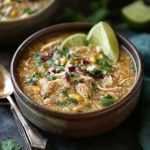A bowl of white chicken quinoa chili.