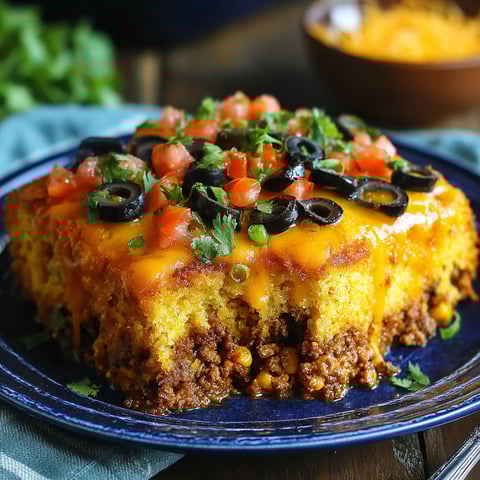 A slice of Mexican cornbread casserole with tomatoes, olives, and cheese.