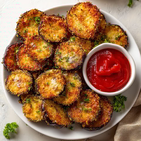 A plate of air fryer eggplant with a bowl of ketchup.