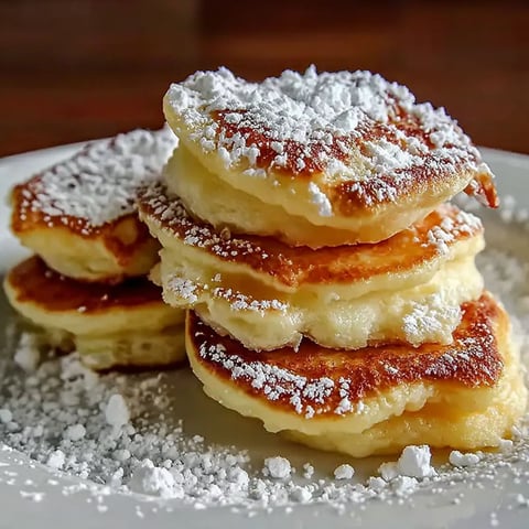 A stack of mini pancakes with powdered sugar on top.
