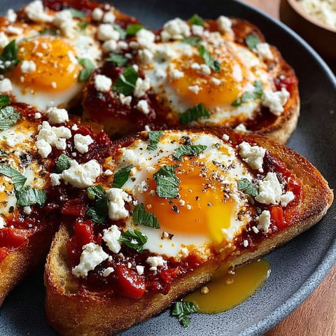 A plate of toast with fried eggs and feta cheese.