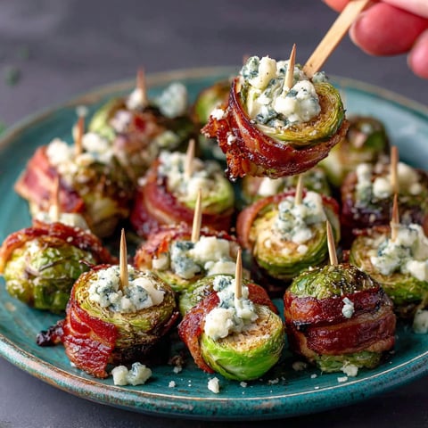 A plate of bacon wrapped brussels sprouts with blue cheese.