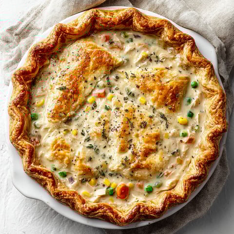 A close up of a leftover turkey pot pie.