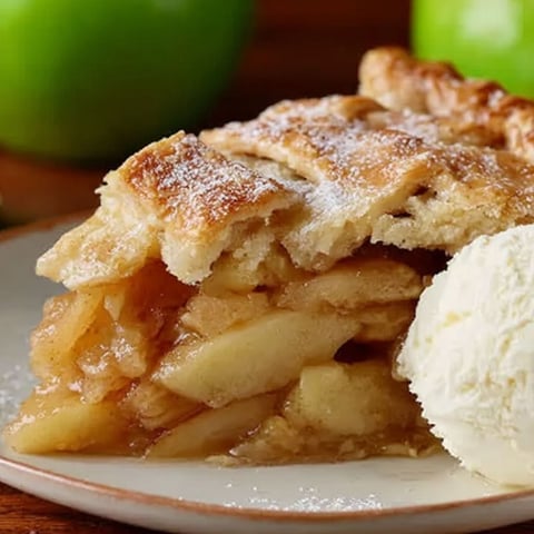 A slice of apple pie with a scoop of ice cream on top.
